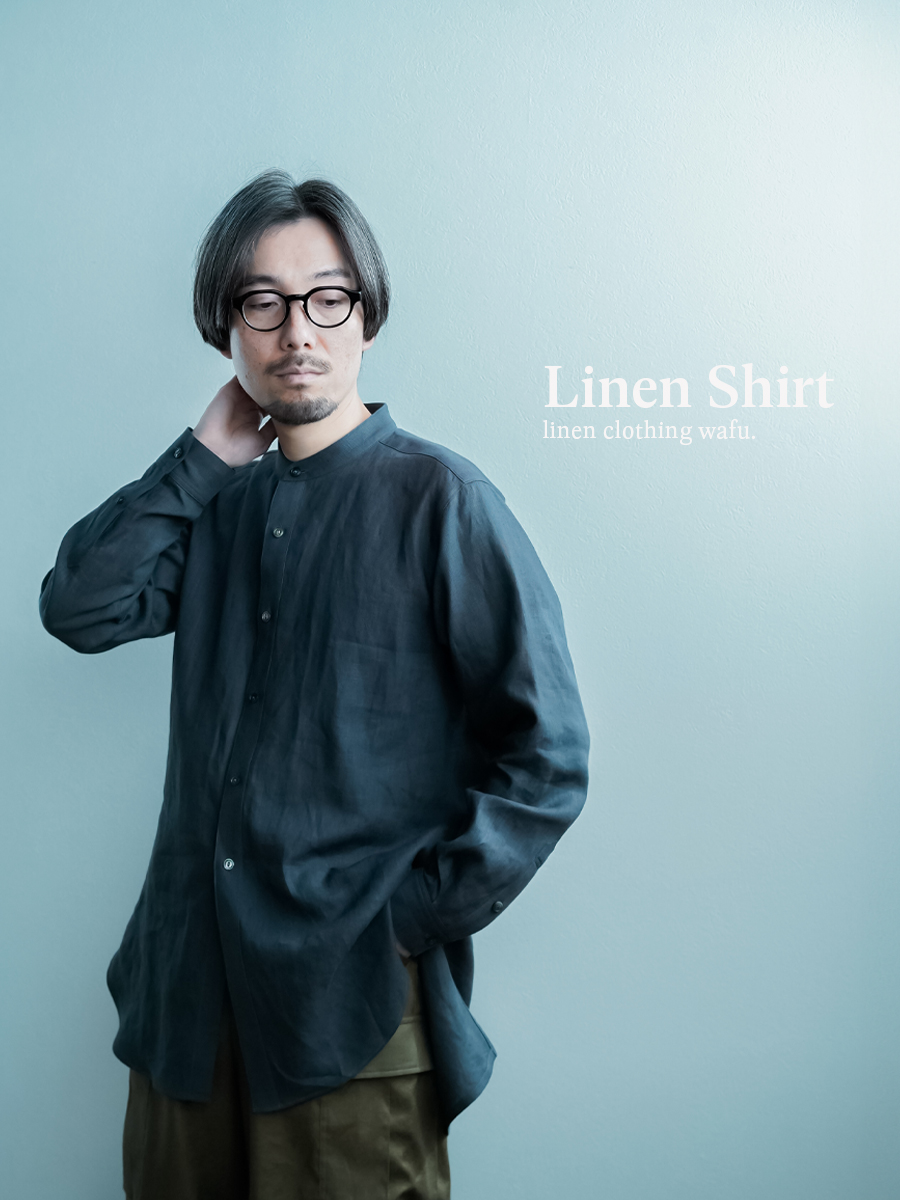 wafu】首のラインに沿う美しい！ バンドカラー ロングシャツ