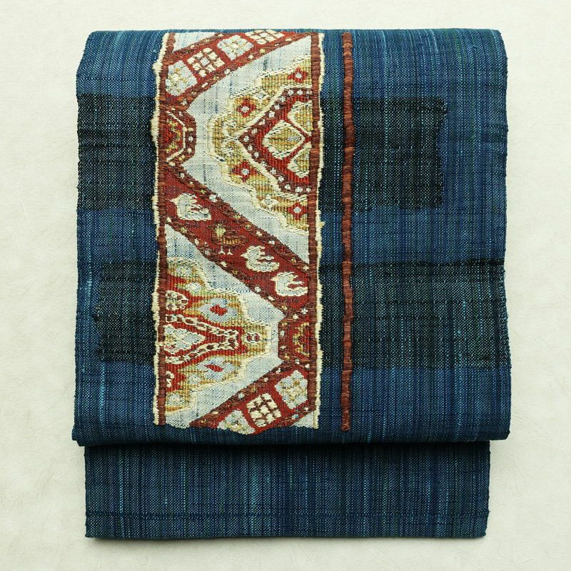 名古屋帯 紬地 六通柄 正絹 風景柄 松葉仕立て 帯 緑・うぐいす色 | 六