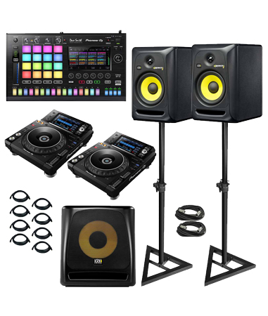 Pioneer XDJ-1000MK2, Toraiz SP-16 sampler, KRK Studio Monitors DJ Pack