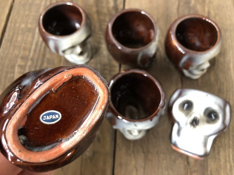50s Vintage JAPAN Skull Poison Bottle Decanter Shot Glass SET