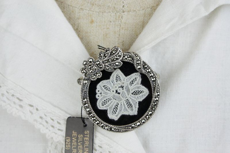 アンティーク ベルギーレース/シルバー&クリスタルブローチペンダント