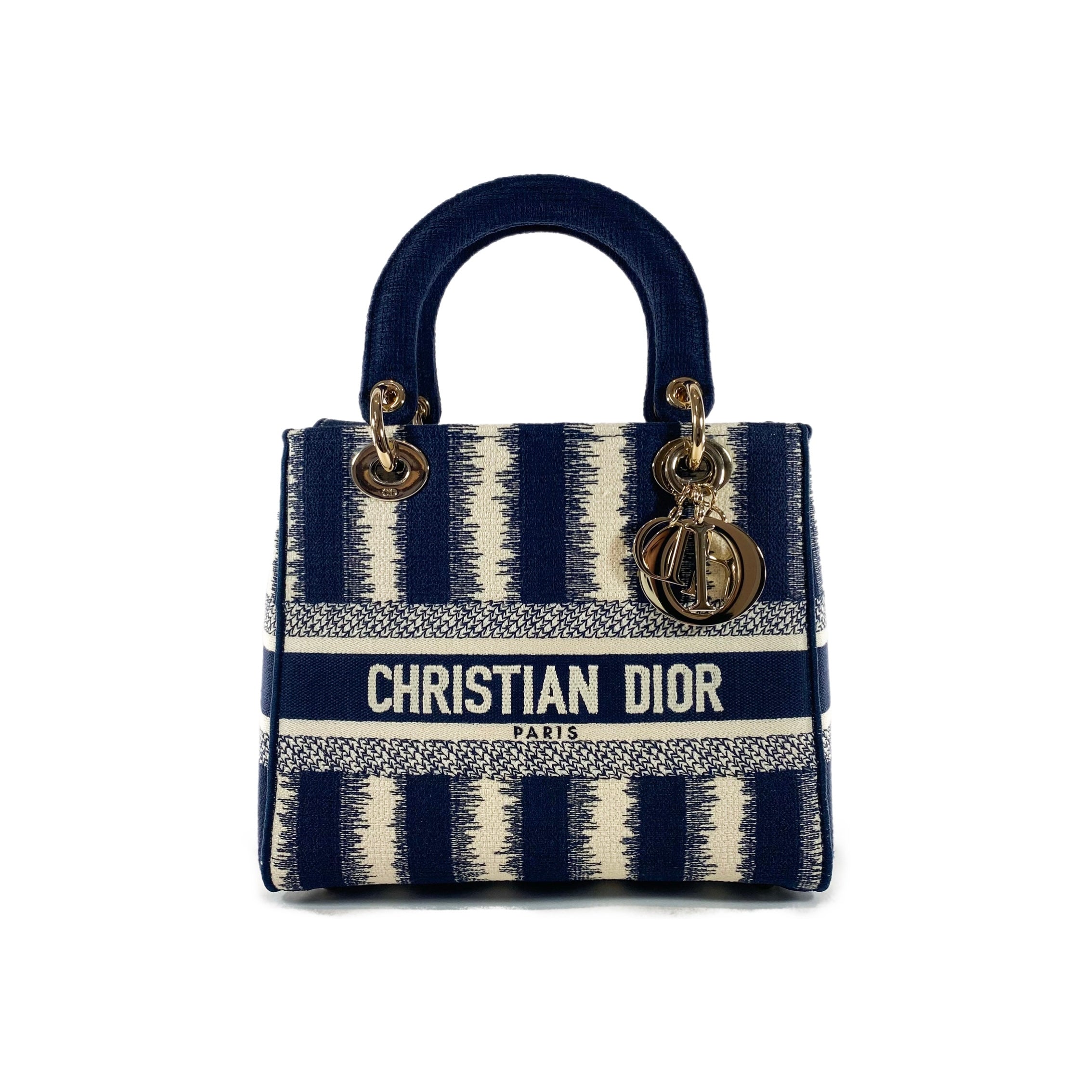 Dior Navy and Ivory Lady Dior D-Lite Striped Canvas Medium Bag