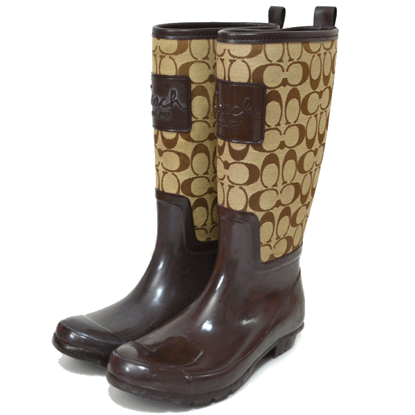 COACH】コーチ シグネチャー レインブーツ 長靴 カーキ×マホガニー