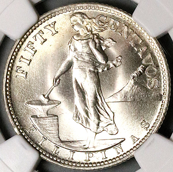 米領 フィリピン 1945 NGC MS65 50センタボ 銀貨 マヨン火山 米領