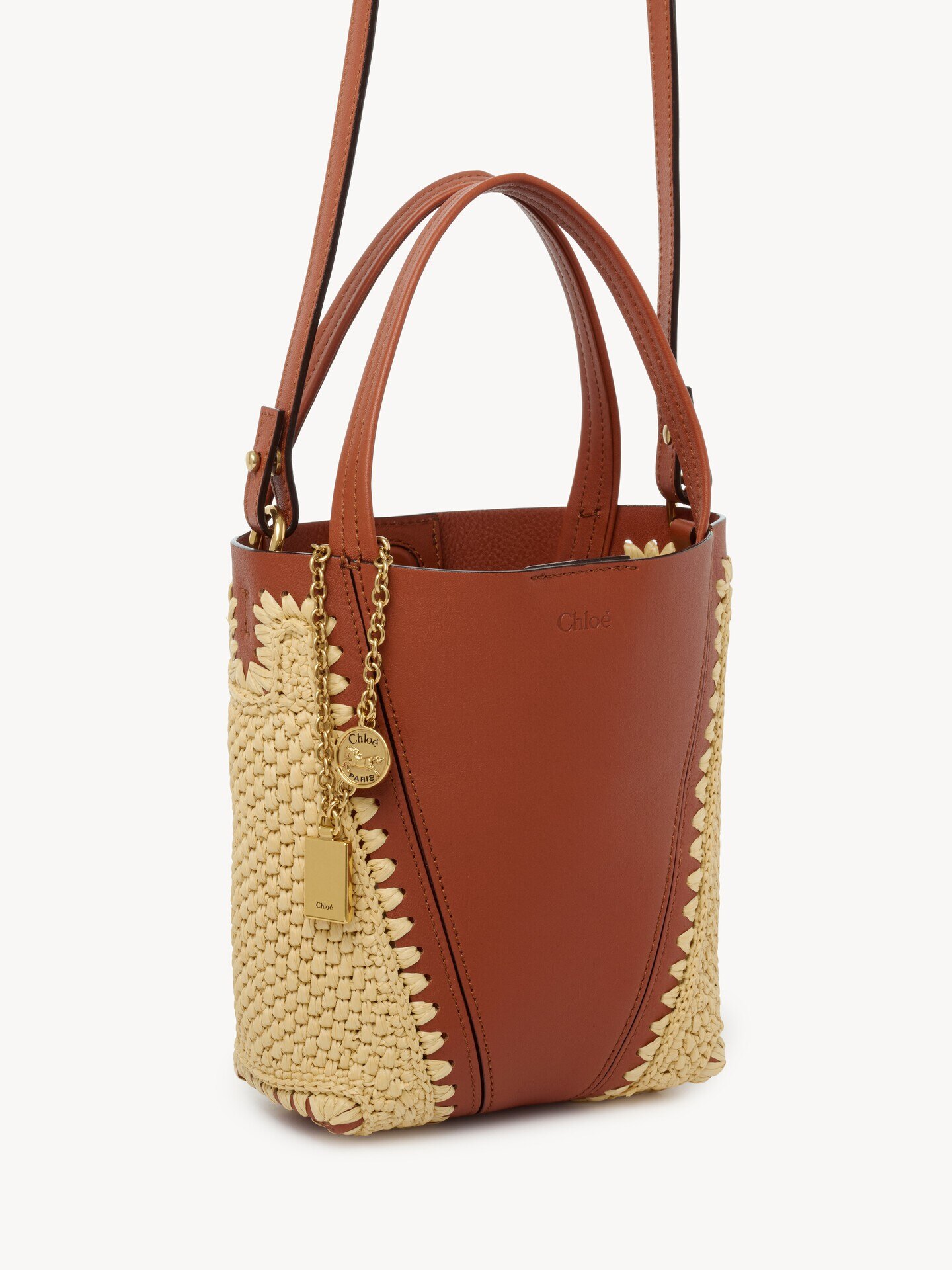 Small Chloé Spin tote bag in raffia-effect & leather Brown - Chloé