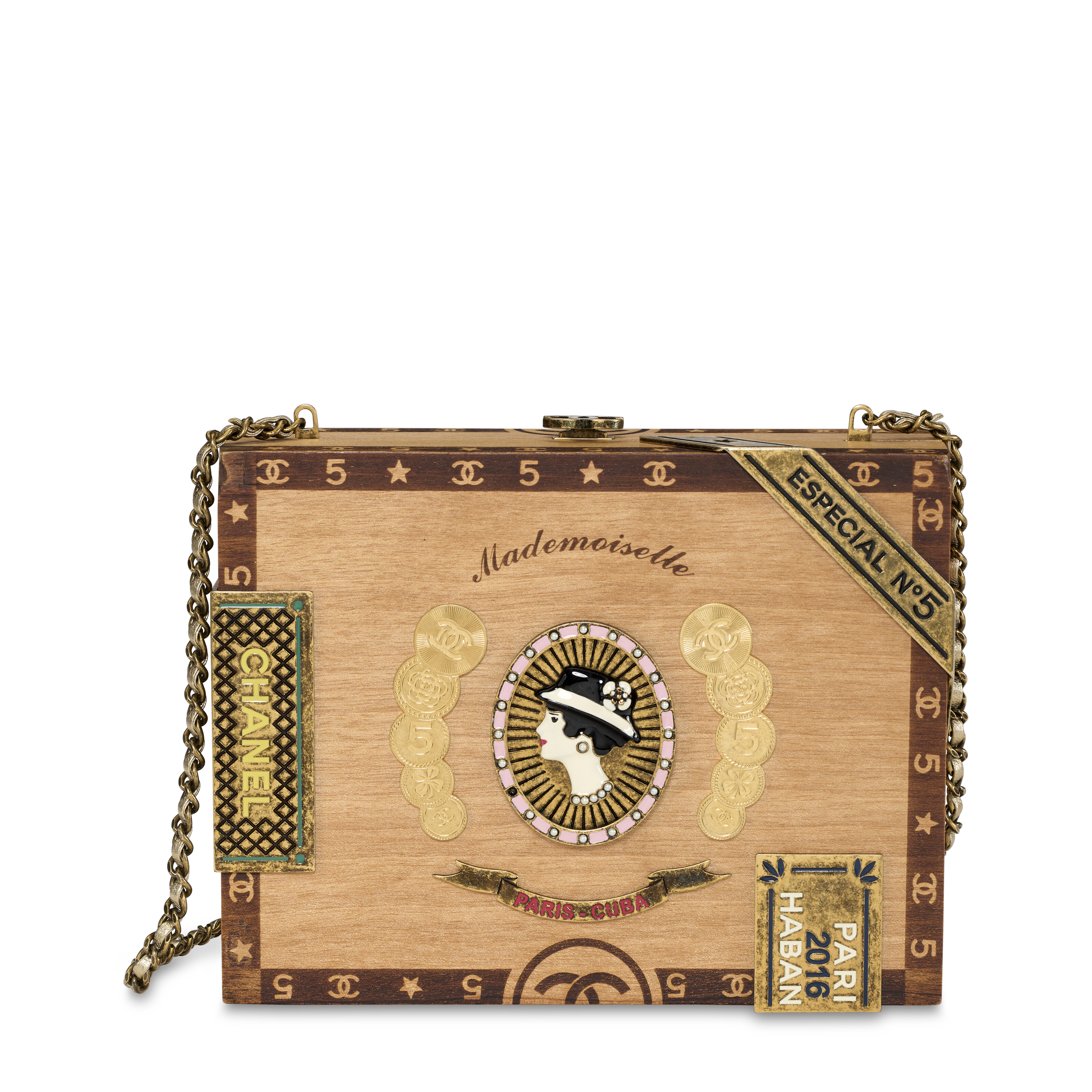 A RARE BROWN WOOD & ENAMEL HAVANA BY NIGHT CIGAR BOX BAG, CHANEL
