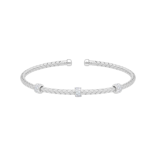 CZ Rhodium-Plated Sterling Silver 3mm Mesh Cuff Bangle