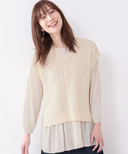 ウォッシャブル透かし編みニットベスト Petit Honfleur｜クロスプラス