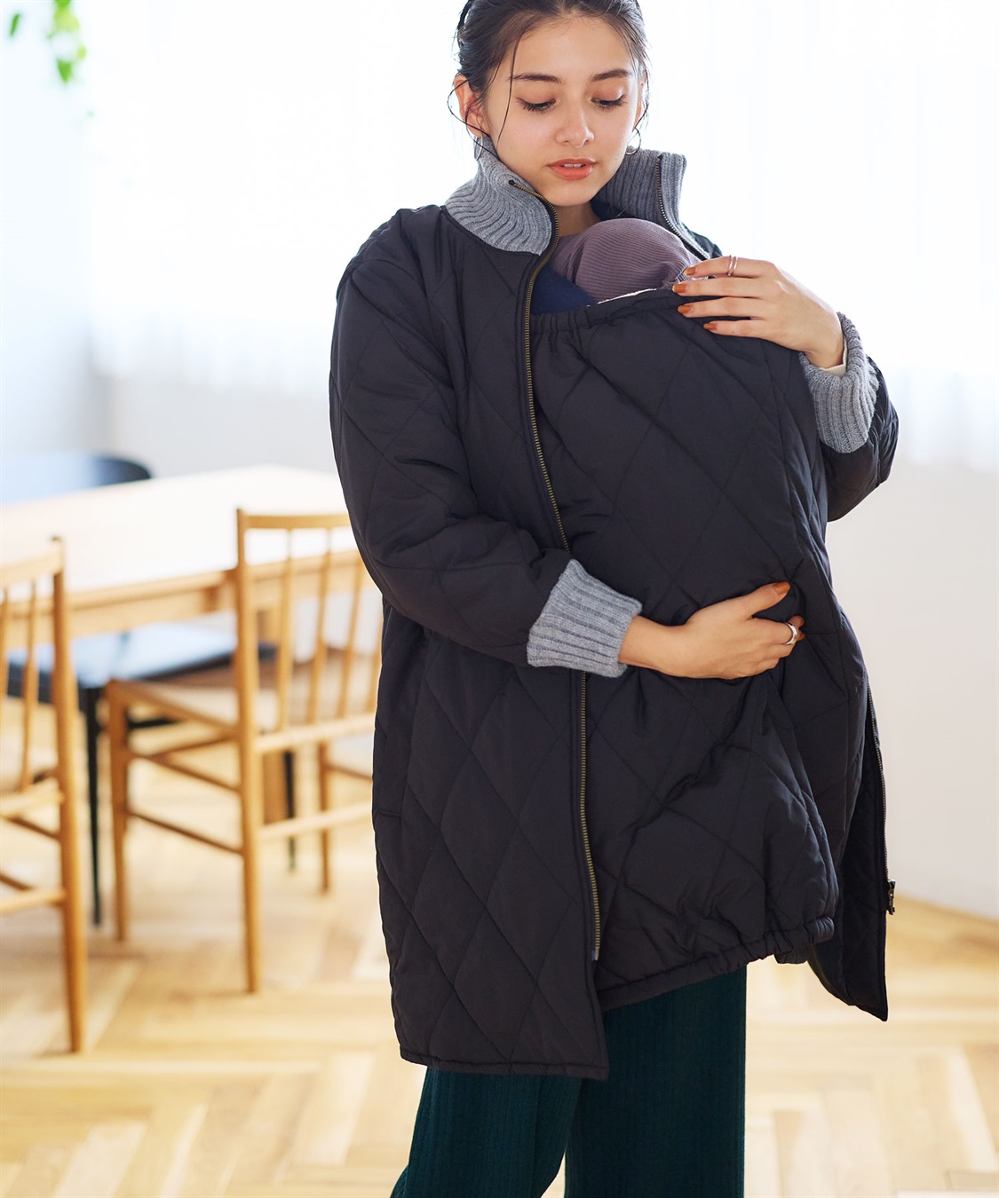 バイカラー キルト中わたママコート&ベビー[マタニティ&授乳服）妊婦服