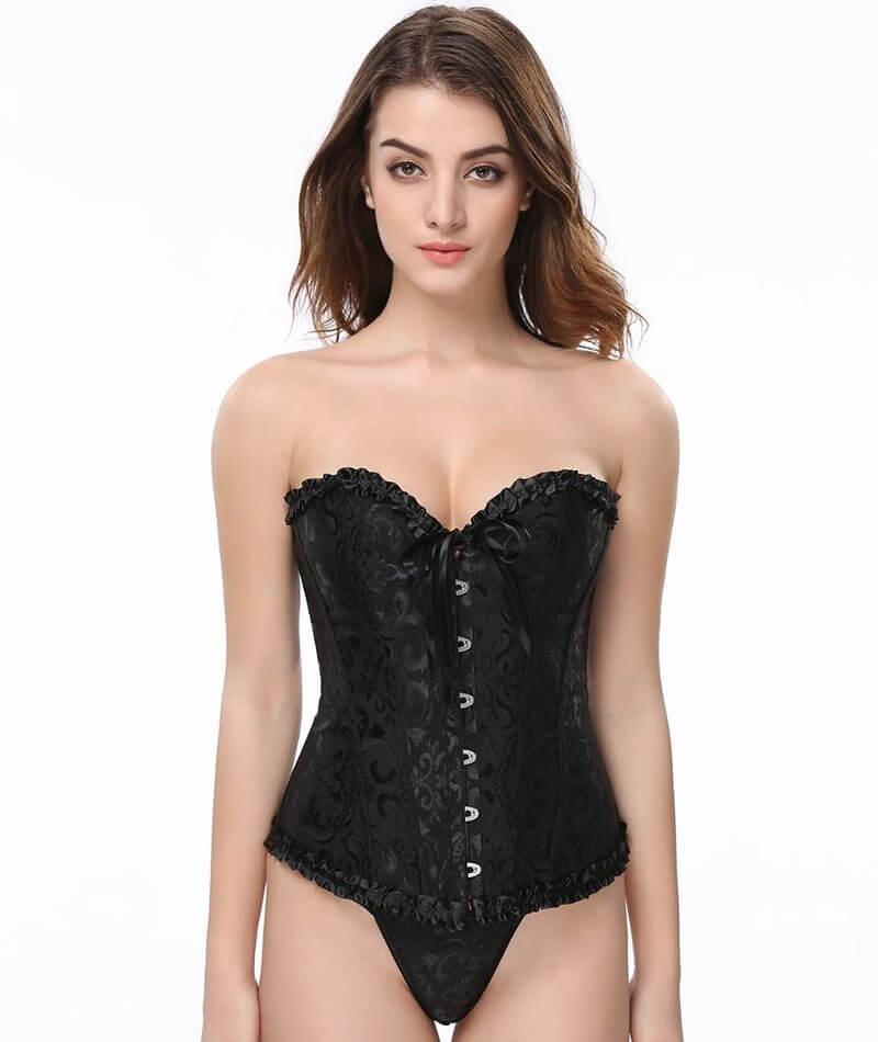 Curvy Satin Jacquard Corset - Black - Curvy Bras