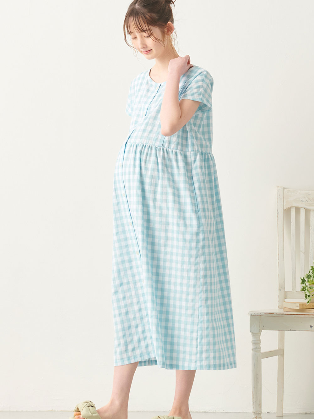 ギンガムチェックギャザーワンピースネグリジェ マタニティ・授乳