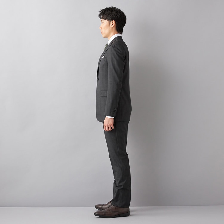 アウトレット】洗える ストレッチスーツ チャコールグレーストライプ