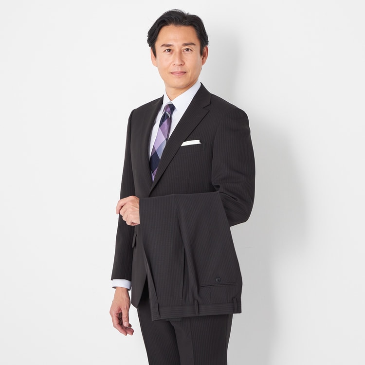 洗える ストレッチ 2パンツスーツ 黒ストライプ JOURNAL WORKS