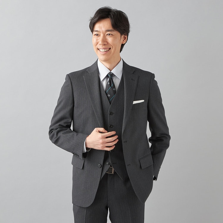 洗える サステナブル スリーピーススーツ ミディアムグレーストライプ