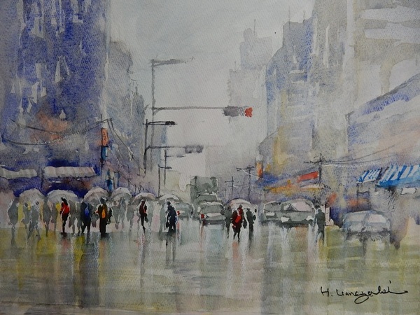 雨の交差点」 by 梅崎 秀夫｜Artmeter｜暮らしを彩るアートが、きっと