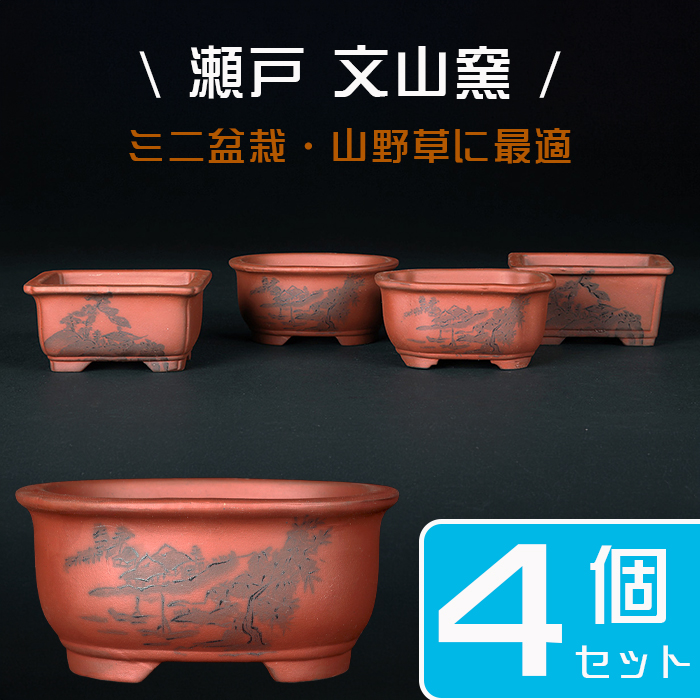 瀬戸焼文山窯朱泥絵付鉢4点セット | 盆栽、盆栽書籍、盆栽鉢の通販