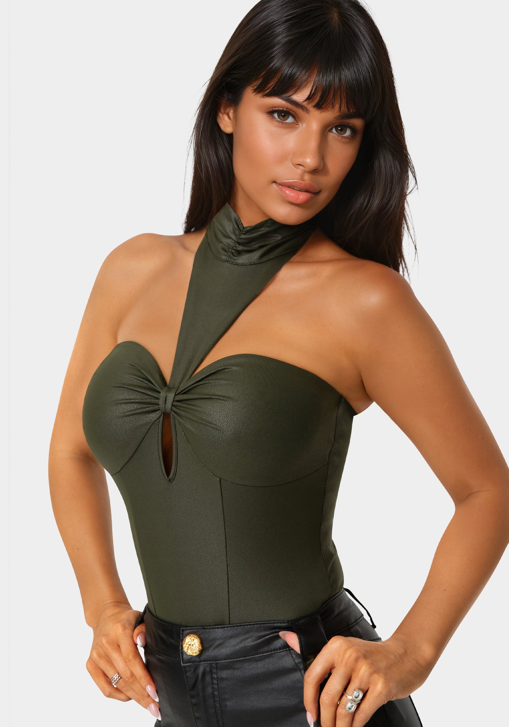 Mock Neck Halter Coated Knit Bodysuit Olive - bebe
