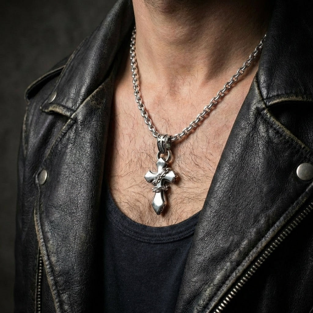 チェーンクロスネックレス｜スターリングシルバーペンダント＆レザーコード