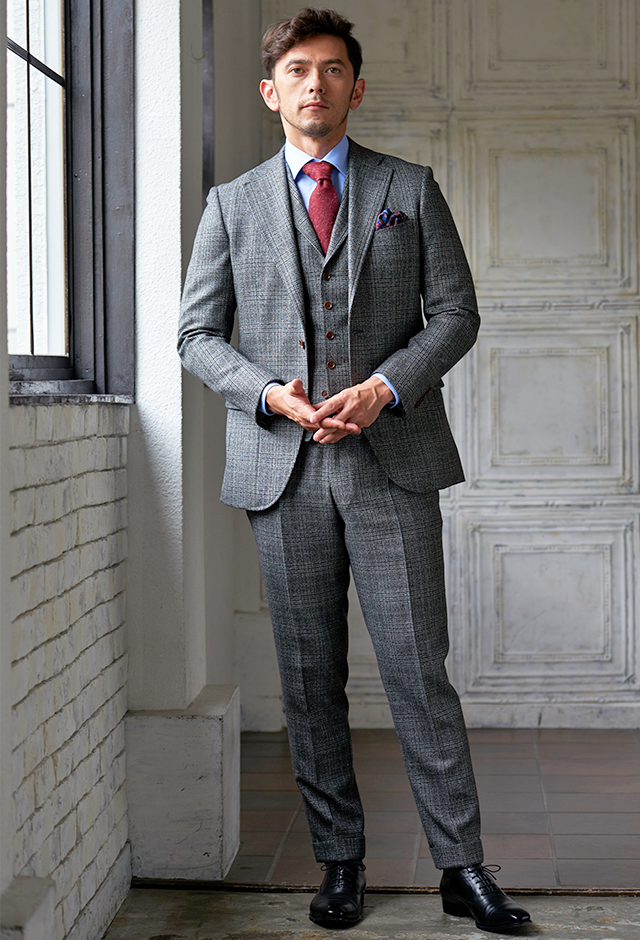 グレースーツ・チェックのコーディネート（DORMEUIL）｜590356