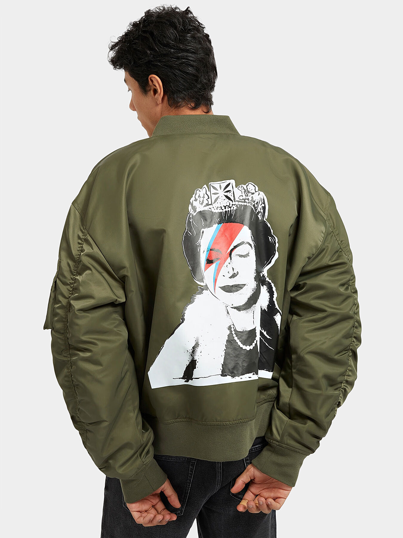 QUEEN bomber jacket with print on back brand GUESS