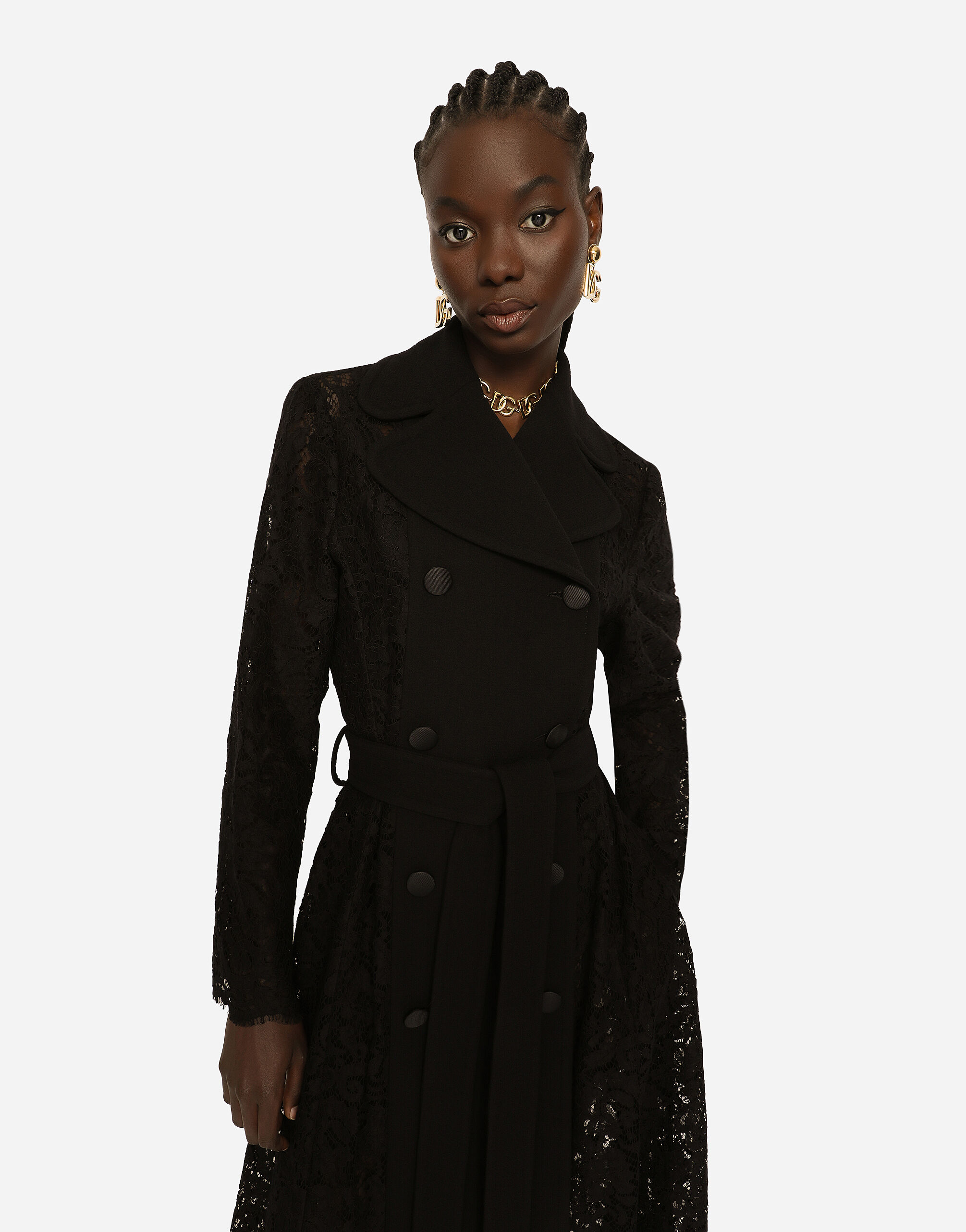 Belted double-breasted crepe and lace coat in Black for Women
