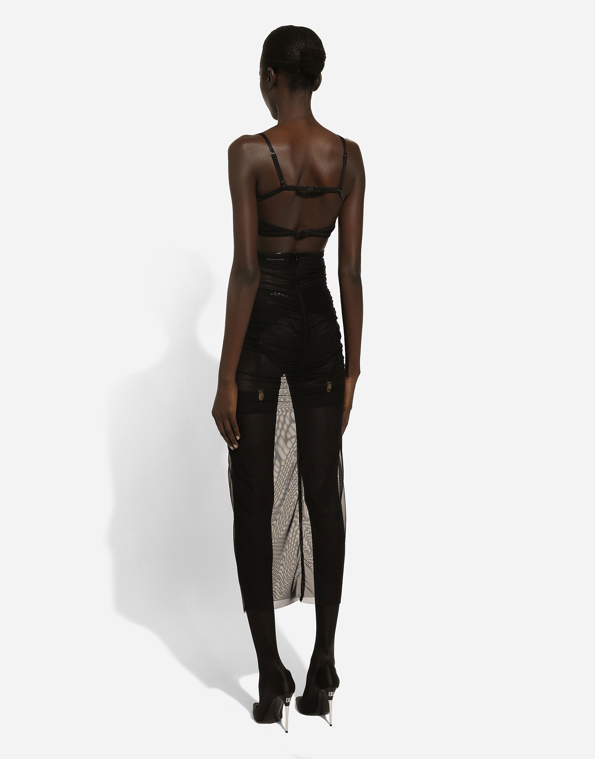 Tulle calf-length dress with corset details in Black for Women