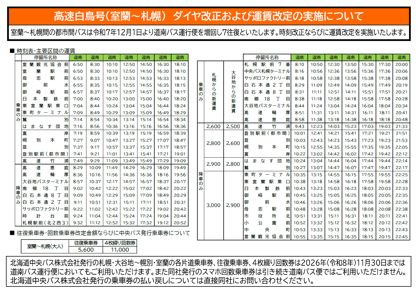 R7.12.1改正 都市間高速バスのダイヤ改正および運賃改定について | 道