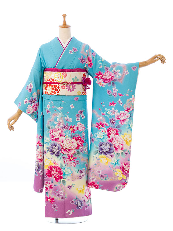 振袖|青系|ｽﾓｰﾙ|6S295|対応身長:140-153cm|ｻｲｽﾞ:7号-13号｜全国宅配可