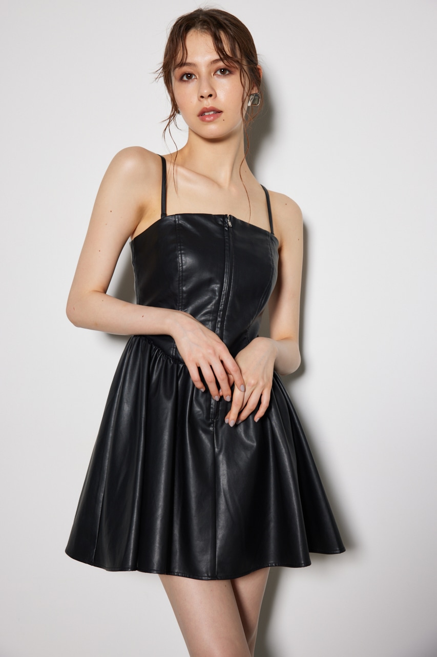 rienda | ベアビスチェギャザーフェイクレザーフレアミニワンピース