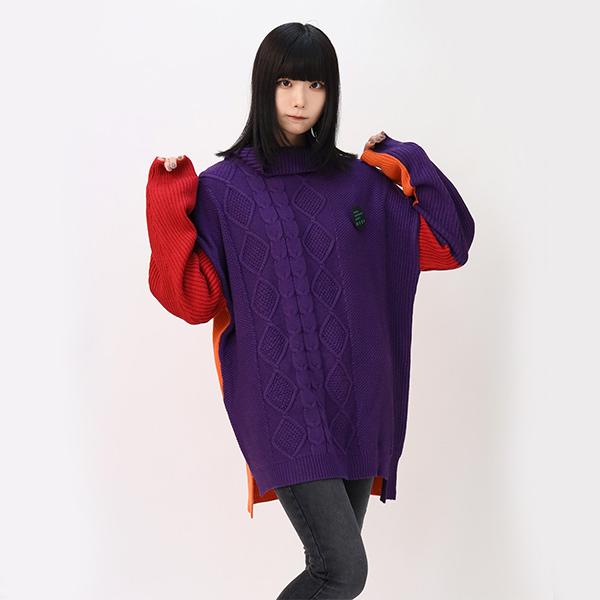 RADIO EVA 746 EVANGELION Panel Turtleneck Knit/ORANGE×RED×PURPLE
