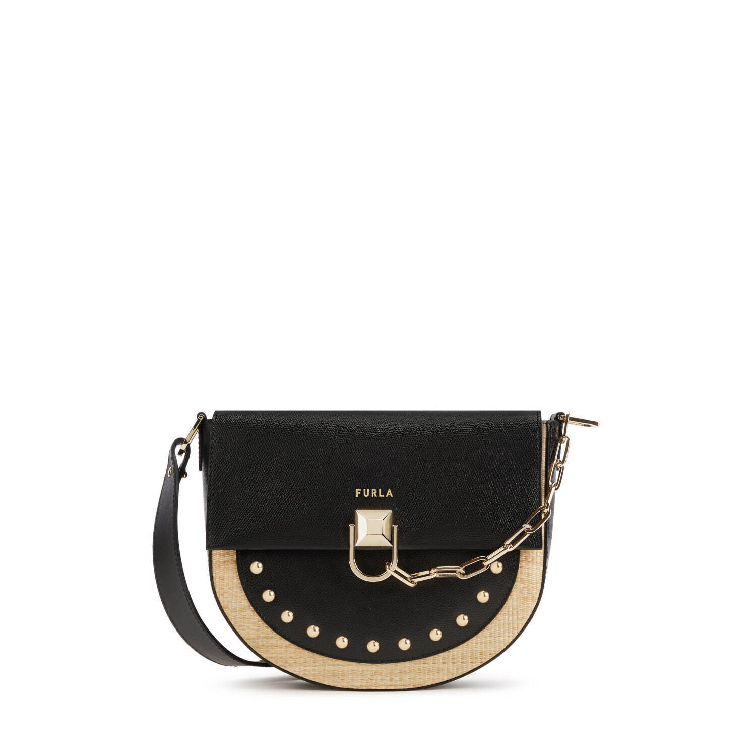 フルラ“ラフィア素材×ブラックレザー”の新作かごバッグ、スタッズ