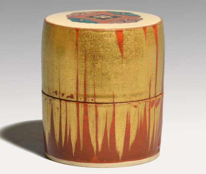 仁清写し 赤絵金彩花文茶器 棗 中村梅山（造）共箱 | 古美術ささき