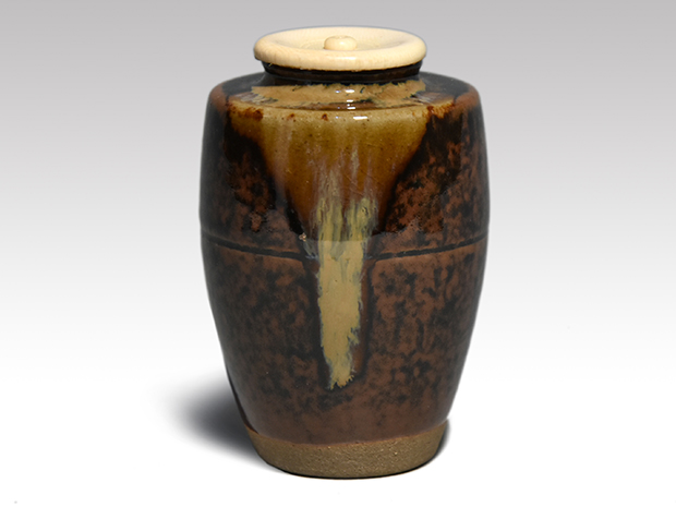 膳所焼 肩衝茶入 淡海ぜぜ 陽炎園造 共箱 象牙蓋 仕覆（日野間道