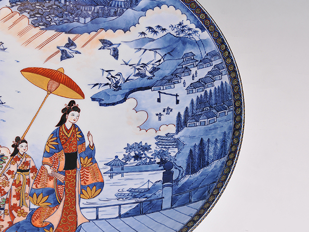 大作 村上玄輝（造）染錦 橋之上絵美人図 大皿 径：47.3㎝ 共箱 | 古