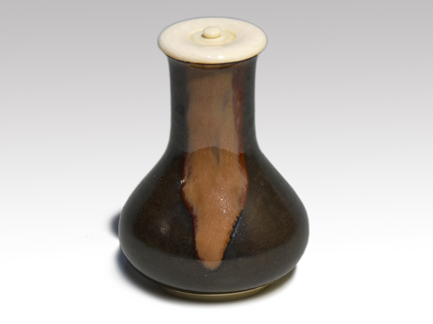 膳所焼 鶴首茶入 陽炎園 岩崎新定（作）象牙蓋 仕覆（日野間道）共箱