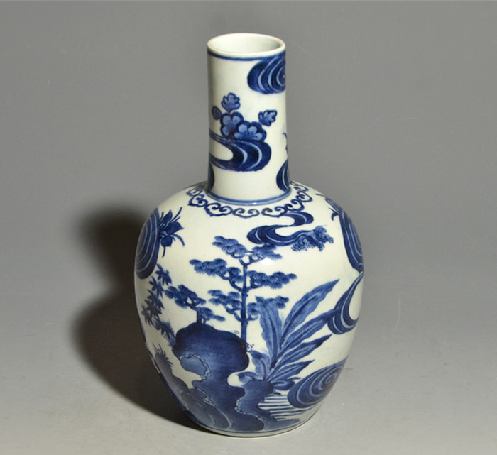 古伊万里(藍九谷様式)染付 流水に岩樹木図 花生 江戸時代初～中期頃