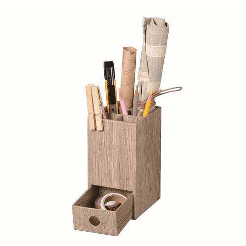 木目調引出付ペン立て com201801－DO(ダークオーク