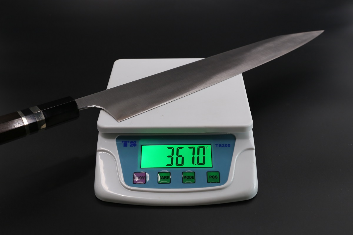 勘所型 切付和牛刀 V金10号 330mm 全鋼本焼 木砥仕上 八角黒檀柄-歌舞