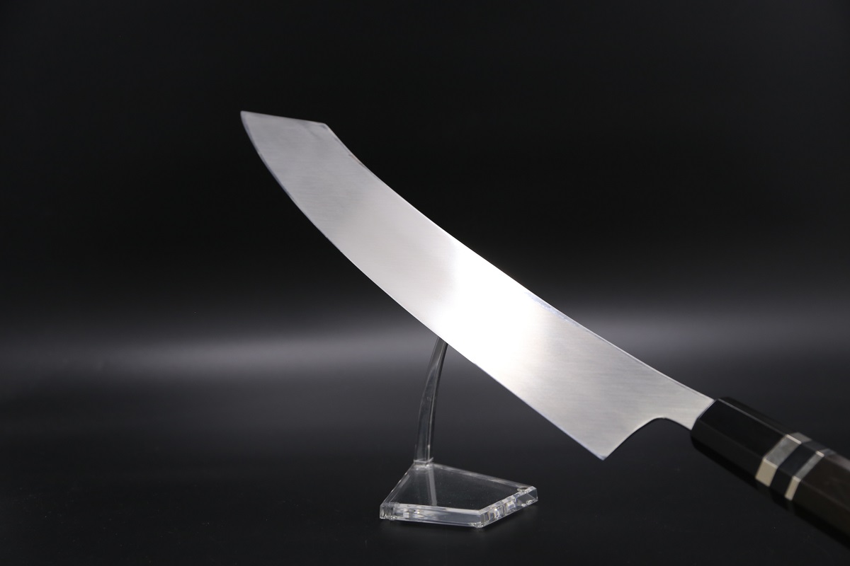 特注 切付柳刃 V金10号 390mm 全鋼本焼 平鏡面 巾広52mm 鬼反り 黒檀柄