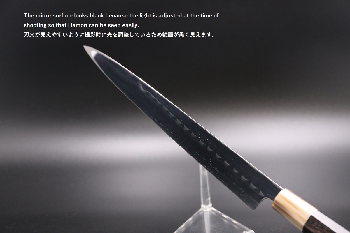 ふぐ引 青鋼 300mm 水本焼 全鏡面 八角黒檀柄 鞘付き 白木健一作-歌舞