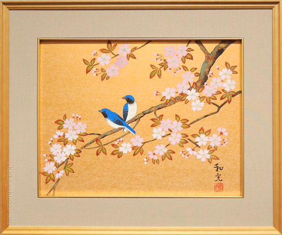 絵画 桜に瑠璃鳥 (三宅和光) 送料無料 【肉筆】【桜絵】【日本画】【花