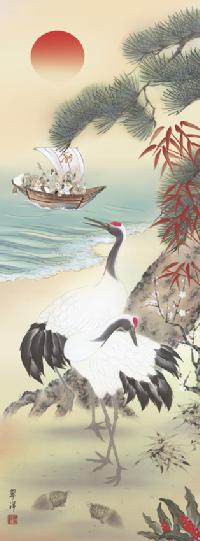鶴亀三友福神図 遠山翠洋 尺三！ 開運画 - 掛け軸（掛軸）販売通販なら