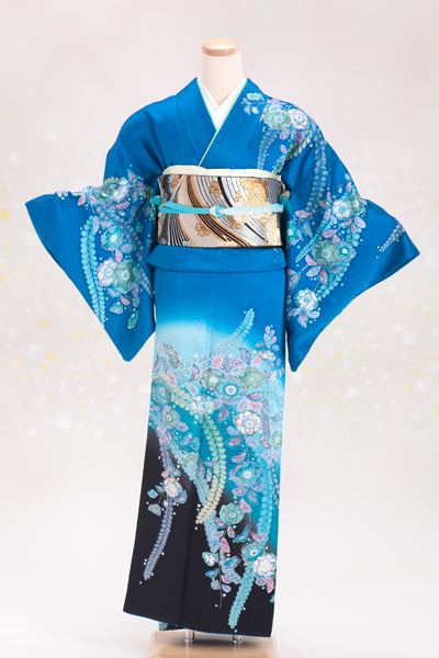 正絹 付下げ・訪問着レンタル 150059 青地 裾黒 辻が花