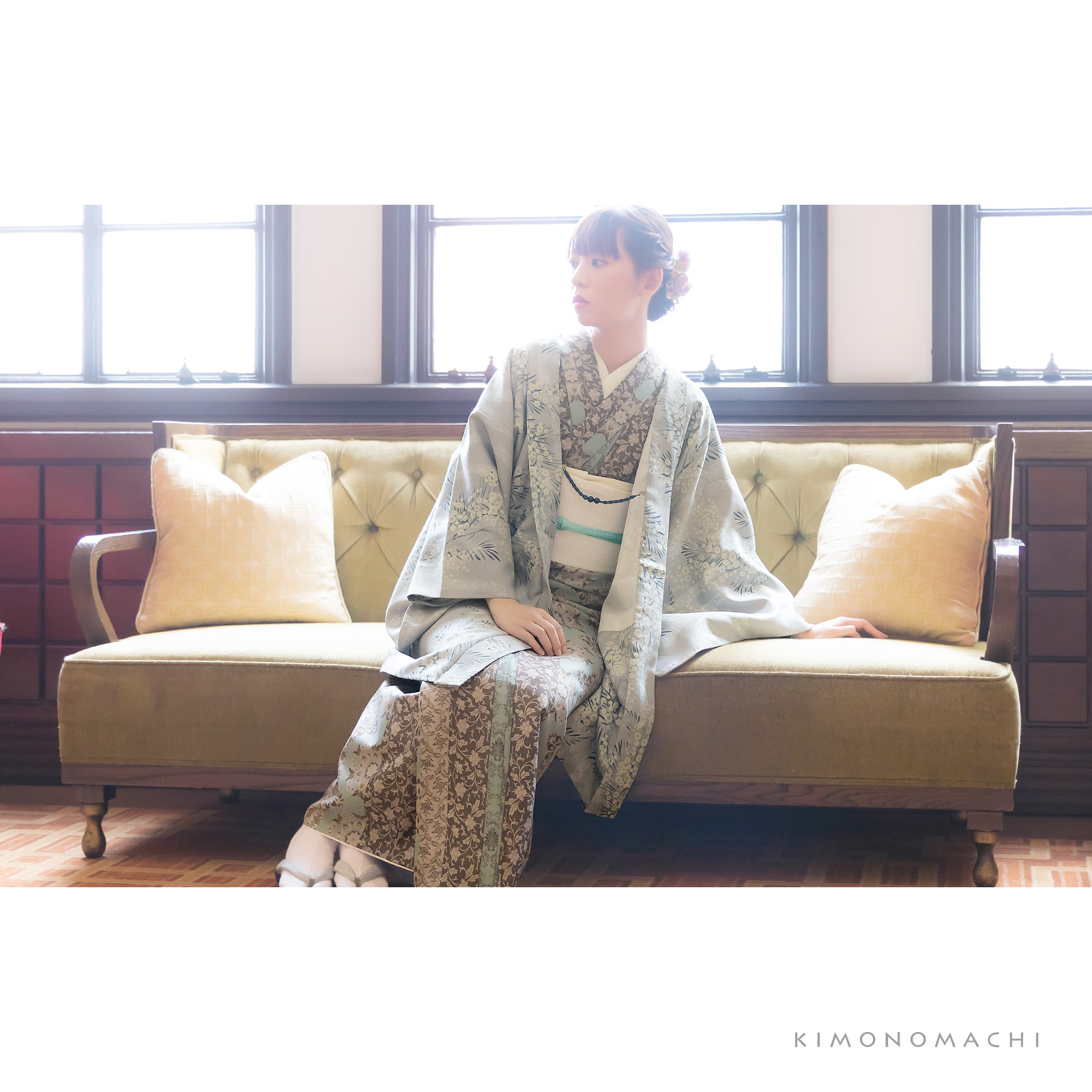 08縞更紗 水色：KIMONOMACHI オリジナル 袷着物単品