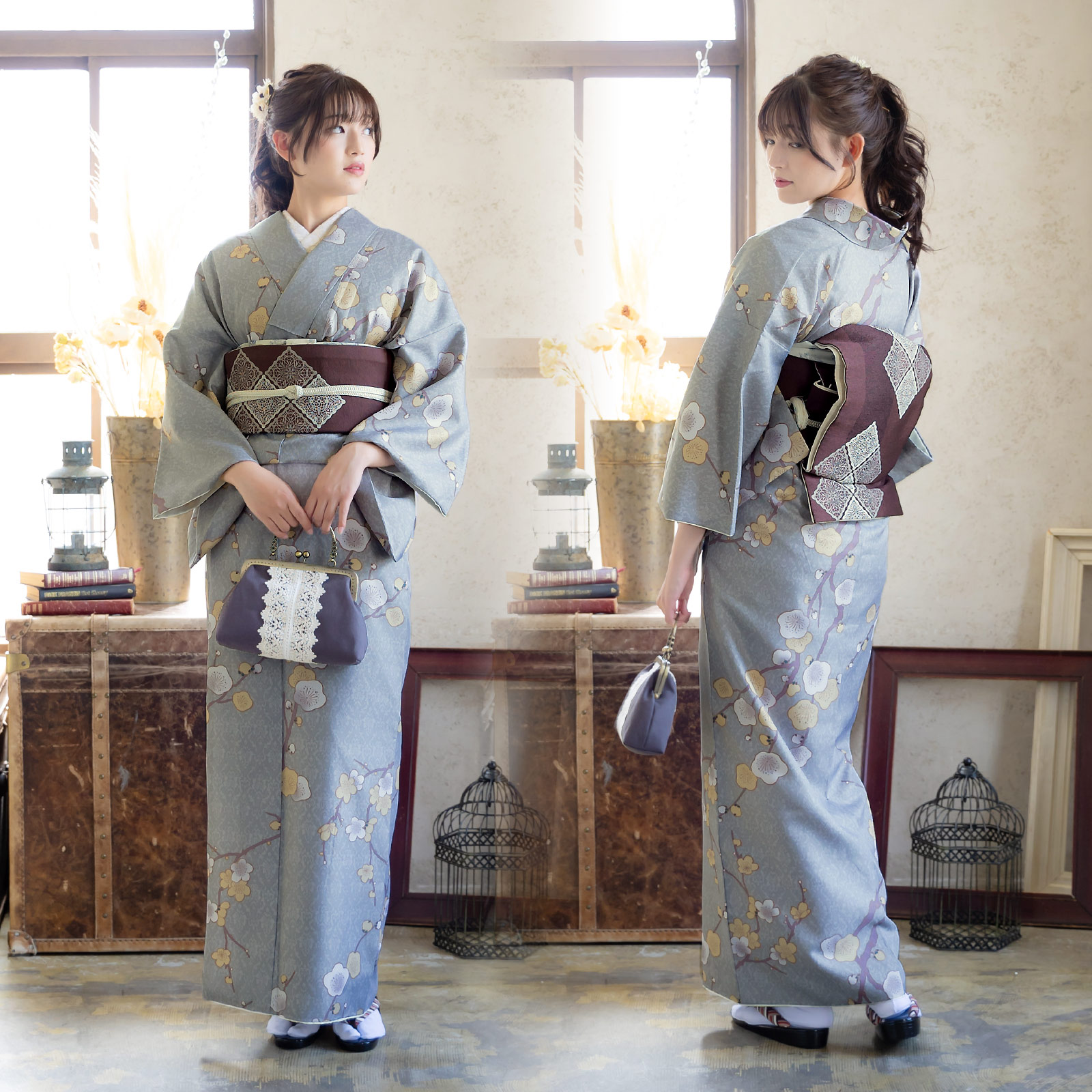 08梅が枝 白銅色：KIMONOMACHI オリジナル 袷着物単品