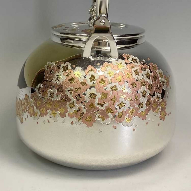 obg-n539, 大淵光則 純銀 湯沸 富士桜 蓋桜彫金 R型 5寸 純銀 銀瓶