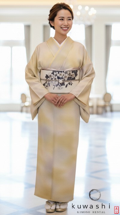 正絹色無地レンタル】 10034 ライトイエローぼかし正絹色無地フル