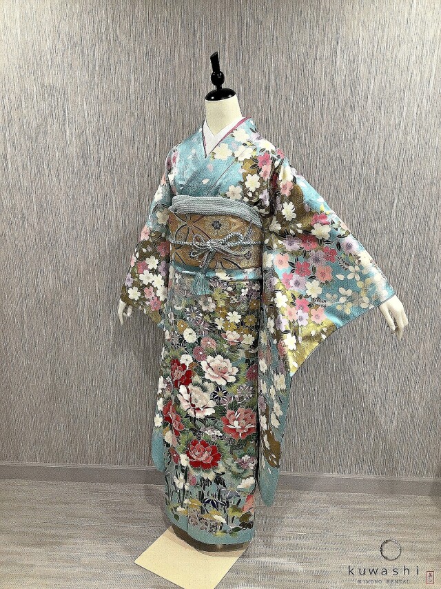 正絹振袖レンタル】 80002 ライトブルー百花爛漫地紋金箔振袖袋帯