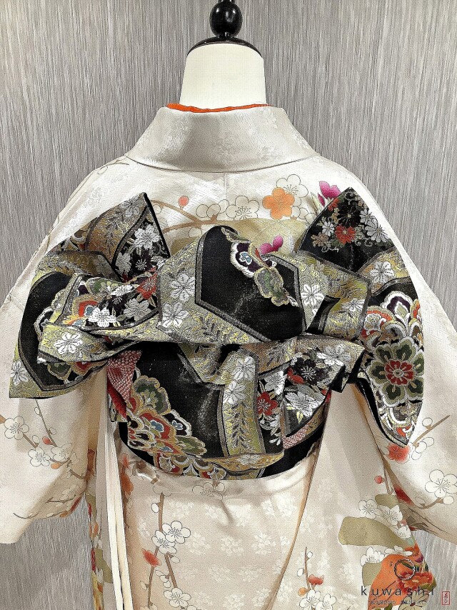 正絹振袖レンタル】 80003 パールホワイト花蝶地紋正絹振袖袋帯