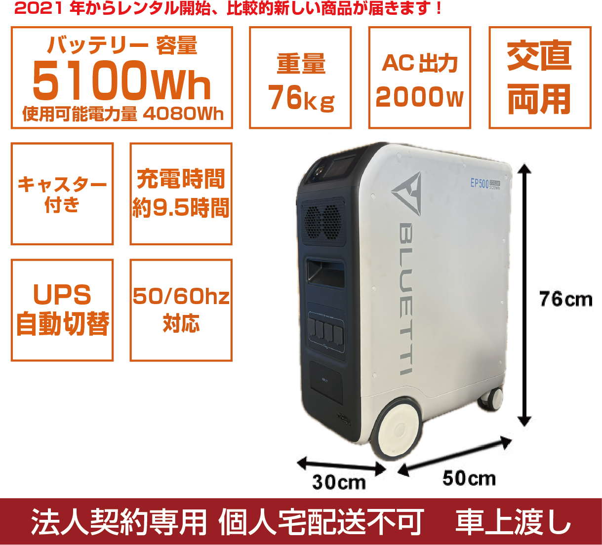 UPS(無停電電源装置)搭載 ポータブル蓄電池：5100Wh - 発電機